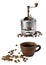 Vintage coffee grinder, coffee beans and ceramic coffee cup isolated on white background. Collage. Vertical photo