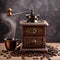 A vintage coffee grinder with coffee beans and a steaming espresso cup1