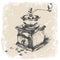 vintage coffee grinder, grunge frame, monochrome.vector ilustration