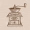 Vintage coffee grinder, vintage engraved illustration. Hand drawn engraving style vector coffee mill isolated on grunge background