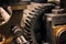 Vintage cogs gears wheels collection set. Mechanism parts macro view. Different cogwheels teeth shapes objects with textured metal