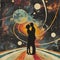 A Vintage Collage Style of a Romance Couple on a Surreal Cosmic Retro Background Illustration