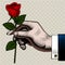 Vintage color engraving drawing of hand with a red rose