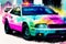 Vintage color police car on grunge background. Watercolor paint. Digital art, Generative AI