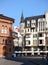 Vintage colorful houses on the street in downtown in Riga in bright sunny day front view