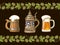 Vintage colorful set of beer mugs framed by branches of hop. Old wooden mug. Traditional German stein. Glass mug with foam. Hand