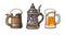 Vintage colorful set of beer mugs. Old wooden mug. Traditional German stein. Glass mug with foam. Vector illustration.