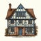 Vintage Comic Style Illustration Of A Blue And White Tudor House