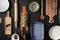 Vintage Cookware on the black background.Top view