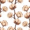 Vintage cotton flower plant sepia sketch seamless pattern texture background