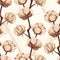 Vintage cotton flower plant sepia sketch seamless pattern texture background