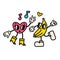 Vintage couple of cartoon characters. Retro mascot,, kawaii food. Humanization of the subject, hear and banana with legs
