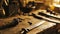 Vintage Craftsmanship: Assorted Medieval Tools Rest on Aged Wooden Table