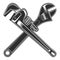 Vintage crossed body shop mechanic spanner repair tool or construction wrench for gas and builder plumbing pipe in monochrome