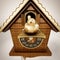 Vintage cuckoo clock with the golden bird chirping. 3D illustration