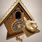 Vintage cuckoo clock with the golden bird chirping. 3D illustration