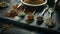 Vintage culinary scene with spices in spoons on a dark background. rustic kitchen mood in close-up. selective focus on
