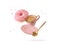 Vintage cup hot coffee, golden spoon with pink glazed donut with sprinkles flying isolated on white background