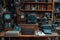 Vintage Desk With Assorted Antique Items, Virtual assistant devices from different eras blending old and new technology, AI