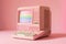 Vintage Desktop PC with Floppy Drive, Keyboard and Mouse in pink pastel color. Creativity and minimalism. Generative AI