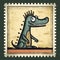 Vintage Dinosaur Stamp With Crown And Whimsical Portrait Style