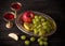 Vintage dishes with grape, apple and wine