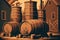 Vintage Distillery Scene with Stacked Whiskey Barrels and Copper Stills