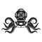 Vintage diver helmet with octopus tentacles. Design element for poster, t shirt, sign, label, logo