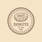Vintage donut logo. Retro sweet bakery label. Muffin sign. Vector cookie poster. Hipster pastry icon. Desert sign.