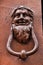 Vintage door knocker on brown wooden door