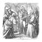 Vintage Drawing of Biblical Story of Jesus Talking with Priests and Teachers in Temple in Jerusalem about His Authority