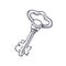 Vintage drawing of old ancient door key. Outlined black and white engraving, etching art of locking item. Retro-styled