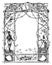 Vintage Drawing of Ornate Frame With Natural Theme and Knight and Woman on Sides