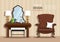Vintage dressing table with mirror and cosmetics for a woman, little chair and armchair in house interior. Flat style.