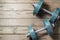 Vintage dumbbells on the wooden floor.