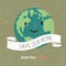 Vintage Earth Day Poster. Cartoon Earth Illustration. Text on white ribbon. On grunge texture. Grunge layers easily edited