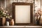 A vintage empty frame mockup in a quaint countryside cottage, surrounded by rustic charm