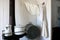 Vintage enamel kitchen pots and white muslin laundry