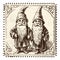 Vintage Engraved Stamp With Two Torch-holding Gnomes