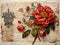 Vintage ephemera background with victorian style red flowers. Old paper texture. Generative AI