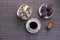 Vintage espresso cup next to a bowl of cane sugar and royal dates