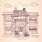 Vintage european street. Cozy cafe house. Hand drawn Vector Illustration.