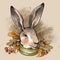 Vintage fall illustration. Cute hare with autumn leaves and acorns brunch. Woodland funny bunny