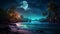Vintage fantasy tropical beach with starry night sky, full moon, retro style and vintage color tones