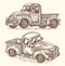 Vintage farmer pickup truck. Vector illustration. Retro transport vehicle sketch style