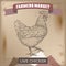 Vintage farmers market label with live chicken.