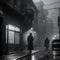 Vintage film noir scene with a detective in a dimly lit alley, rain-soaked streets3