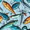 Vintage fishing baits colorful seamless pattern