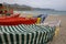 Vintage fishing boats covered with colorful fabric