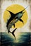 Vintage Fishing Poster: Celebrating the Majestic Marlin and Swordfish with Dolphins and Sun Illustration